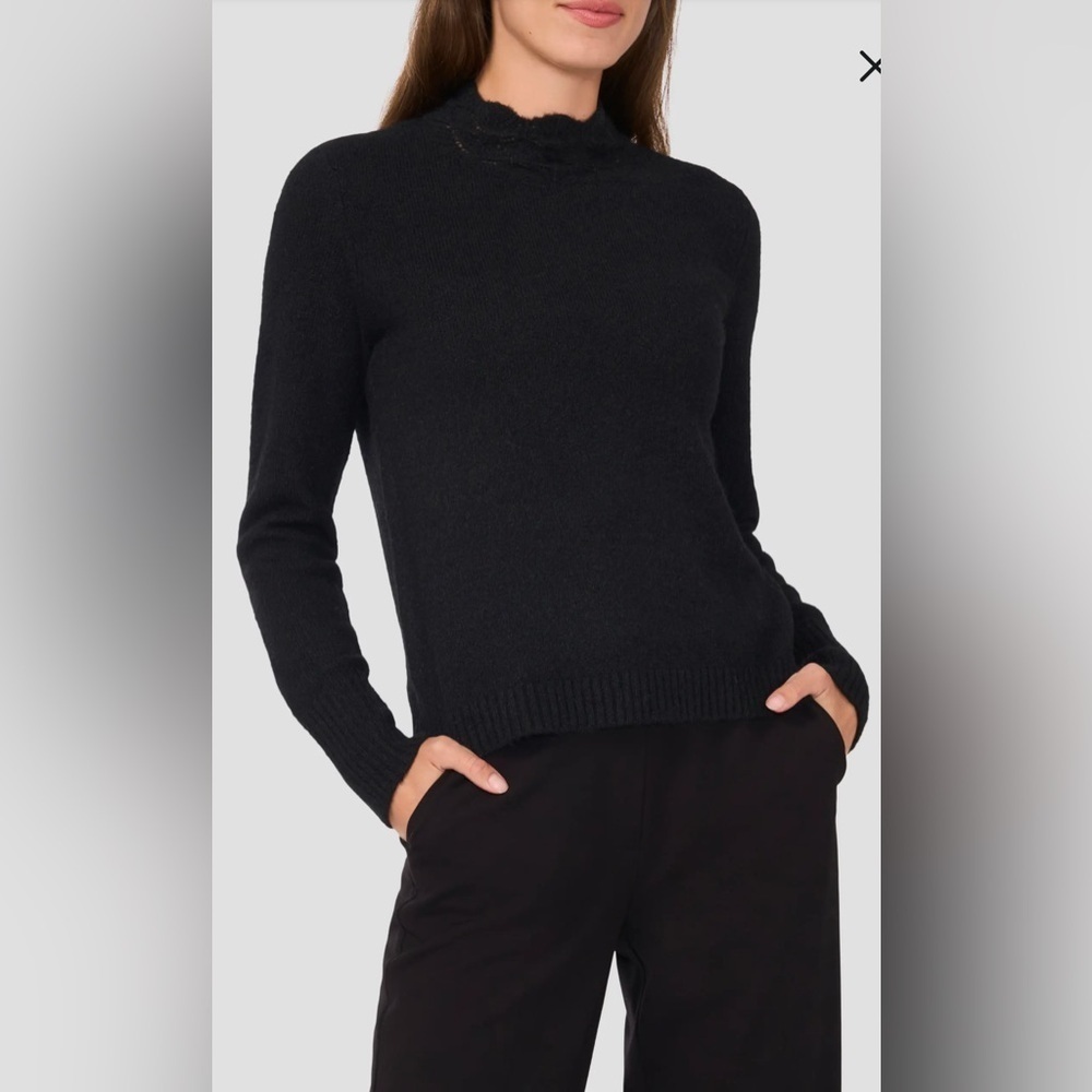 Halogen Pointelle Mock Neck wool Blend Sweater. Rich black. Size Large. NWT